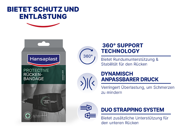 Rückenbandage in Verpackung. Bietet Schutz und Entlastung. 360° Support Technology.