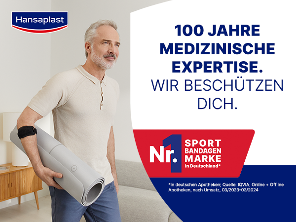 Mann mit Bandage und Yogamatte. Text: 100 Jahre medizinische Expertise. Nr. 1 Sport Bandagen Marke in Deutschland.