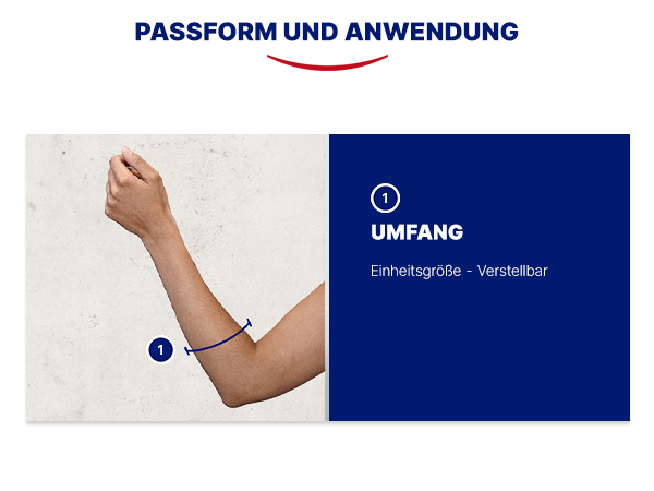 Arm mit blauer Linie. Text: Umfang. Einheitgröße - Verstellbar.