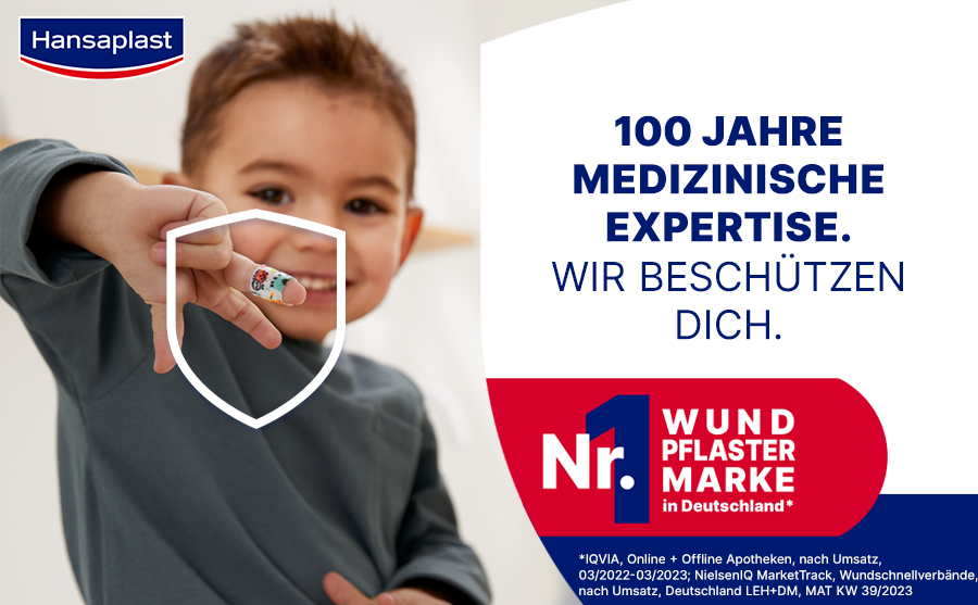 Kind zeigt Pflaster. Text: 100 Jahre medizinische Expertise. Wir beschützen dich. Nr. 1 Wundpflaster Marke in Deutschland.