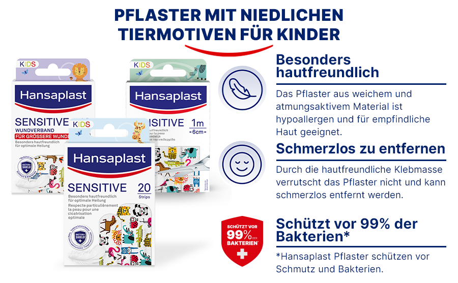 Verschiedene Hansaplast Sensitive Kids Pflaster. Mit Tiermotiven. Für Kinder. Hautfreundlich, schmerzfrei entfernbar, Bakterienschutz.