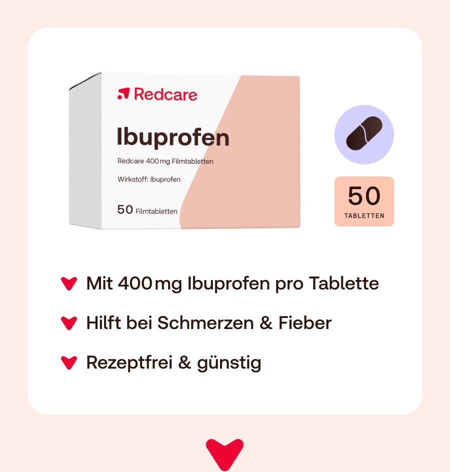 Produktabbildung mit Ibuprofen-Tabletten. Enthält 400mg Ibuprofen pro Tablette. Hilft bei Schmerzen & Fieber.