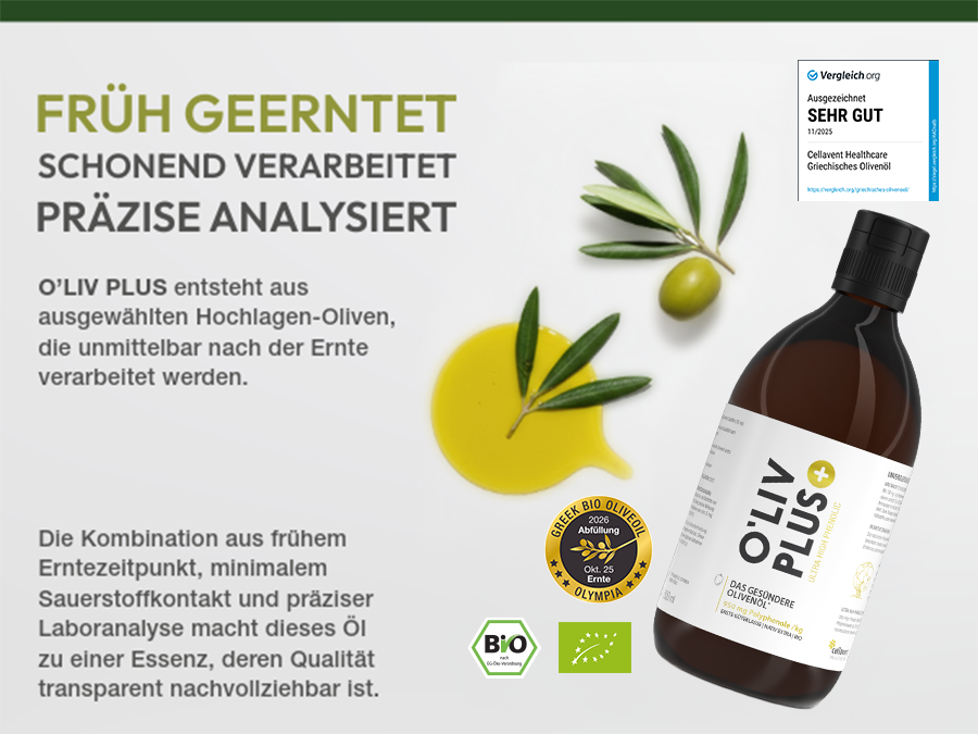 O'Liv PLUS Olivenöl, Flasche und Oliven. Text: Früh geerntet, schonend verarbeitet, präzise analysiert.