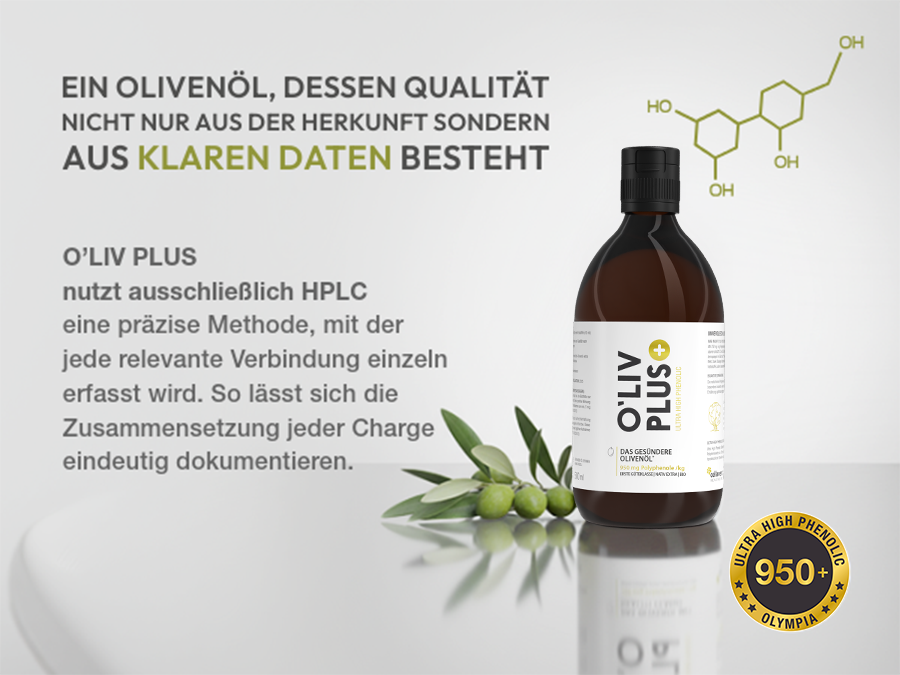 O'Liv PLUS Olivenöl Flasche. Text: Aus klaren Daten. 950+ mg Polyphenole. HPLC-Methode.