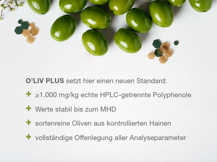 Text: O'Liv PLUS setzt einen neuen Standard. 1.000+ mg/kg echte HPLC-getrennte Polyphenole.