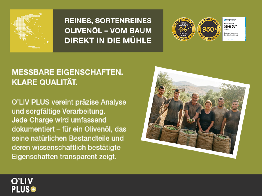 O'Liv PLUS Olivenöl. Text: Reines, sortenreines Olivenöl. Vom Baum direkt in die Mühle.
