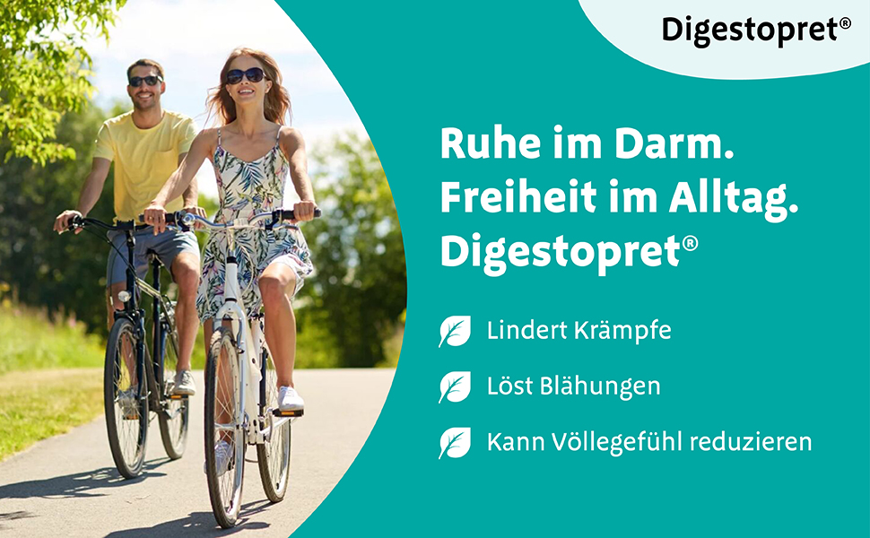 Paar fährt Fahrrad. Text: Ruhe im Darm. Freiheit im Alltag. Digestopret®. Lindert Krämpfe, löst Blähungen, reduziert Völlegefühl.