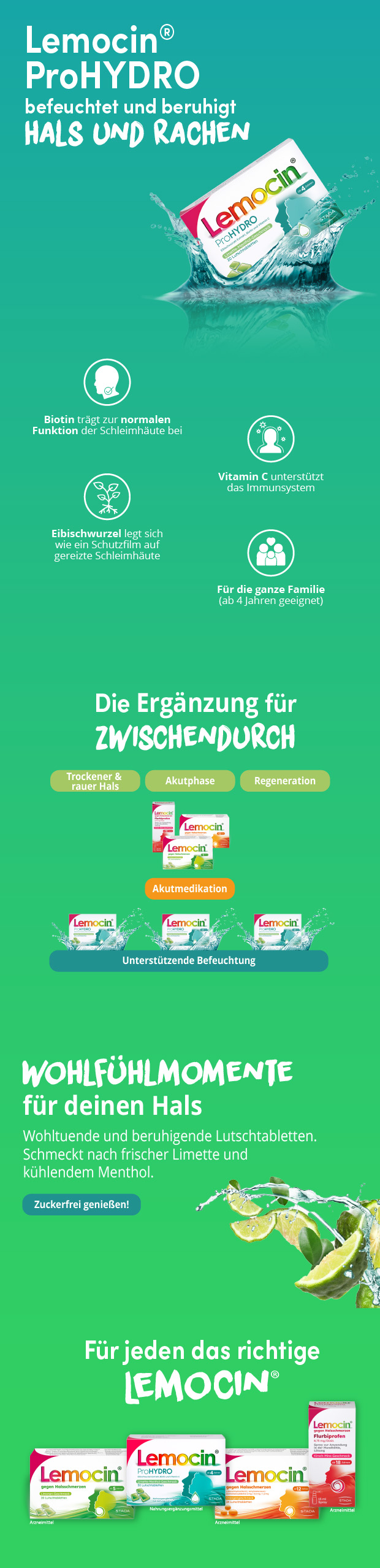 Verpackung Lemocin ProHYDRO im Wasser. Text: befeuchtet und beruhigt Hals und Rachen. Grün-weißes Design.