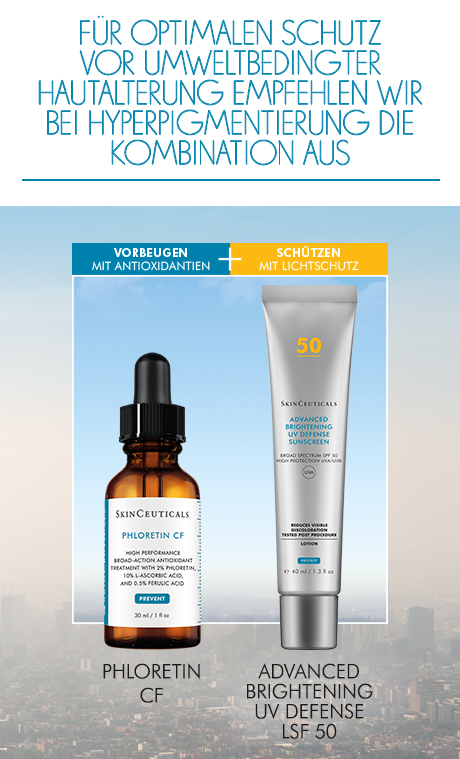 SkinCeuticals Phloretin CF und Advanced Brightening UV Defense LSF 50. Produkte nebeneinander.