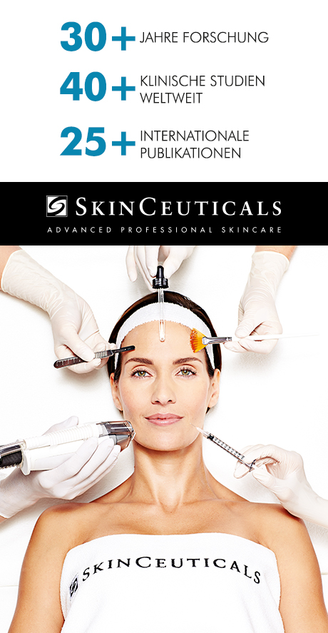 Frau im Gesicht behandelt. Hände mit Instrumenten. SkinCeuticals Logo.