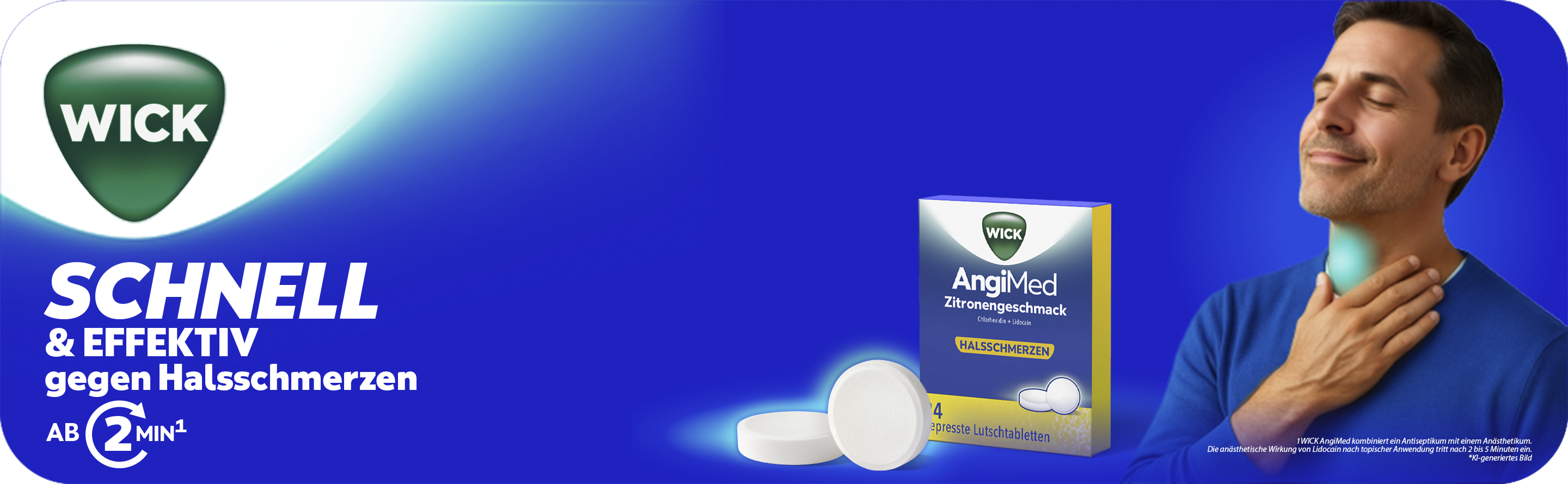 WICK AngiMed Zitronengeschmack Lutschtabletten und Sprays.