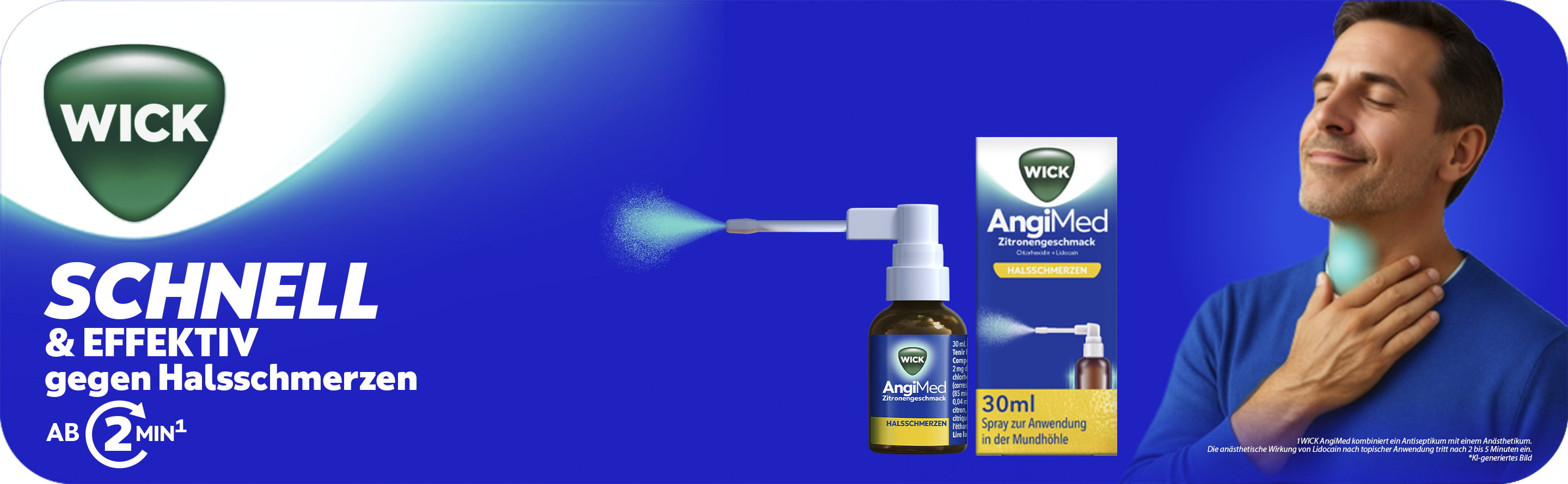 WICK AngiMed Spray mit Sprühkopf und einem Strahl, der in die Luft gesprüht wird.