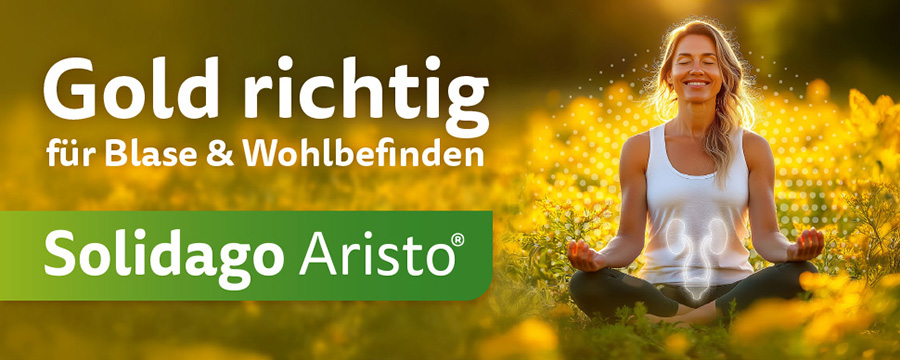 Frau meditiert im Freien, Solidago Aristo® Logo, für Blase & Wohlbefinden.