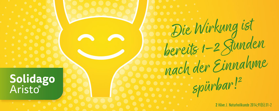 Lächelnde Blase mit Text zur schnellen Wirkung von Solidago Aristo®.