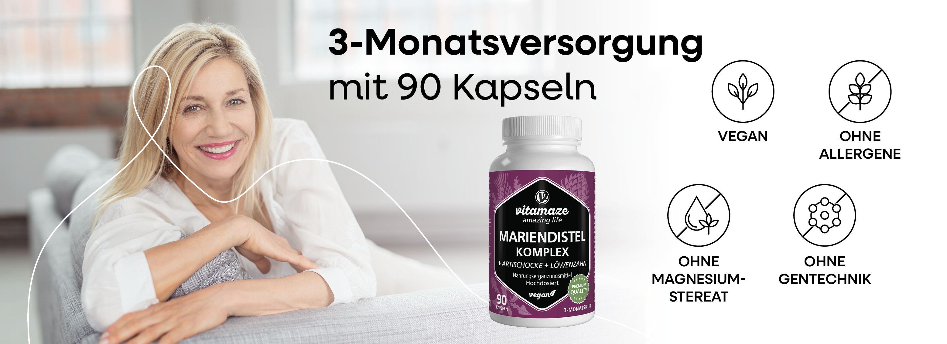 Produkt mit Text: 3-Monatsversorgung mit 90 Kapseln. Vegan, ohne Allergene, ohne Magnesiumstearat, ohne Gentechnik.