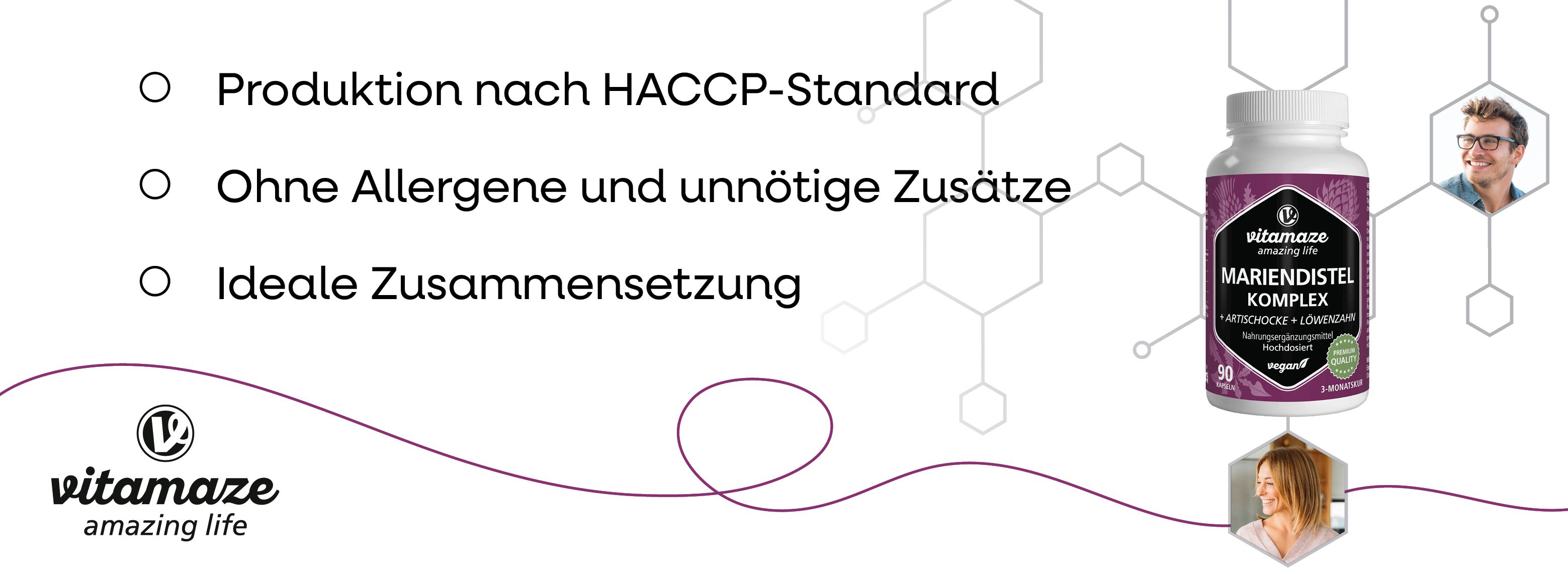 Produkt mit Text: Produktion nach HACCP-Standard, ohne Allergene, ideale Zusammensetzung.