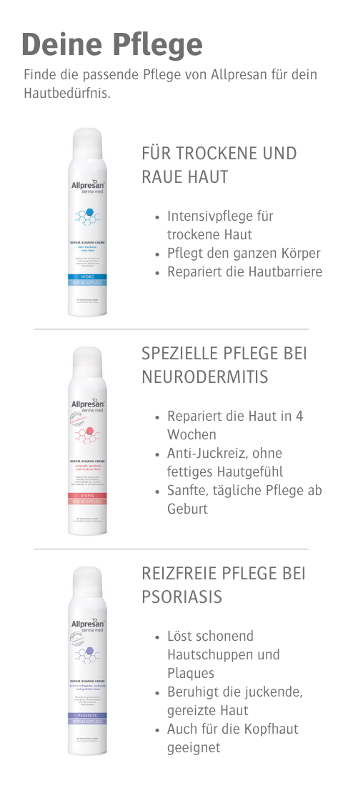 Drei weiße Sprühflaschen. Text: Allpresan. Verschiedene Produkte für trockene, raue Haut, Neurodermitis und Psoriasis.