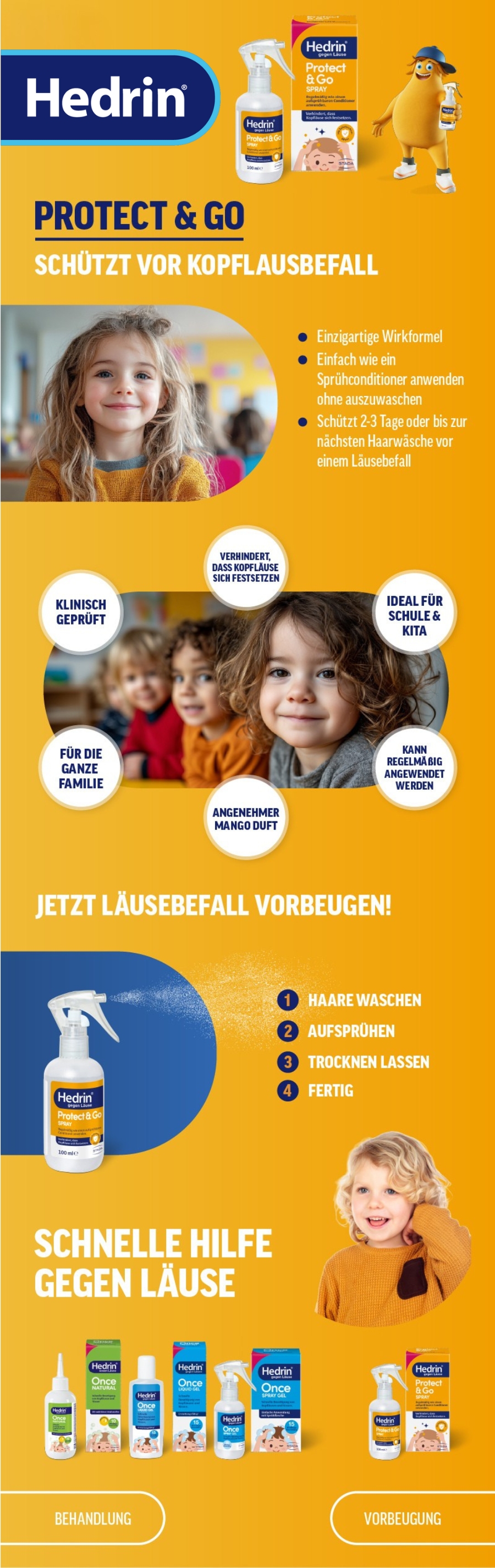 HEDRIN Protect & Go Spray. Flasche mit Sprühkopf und Verpackung. Gegen Kopflausbefall.