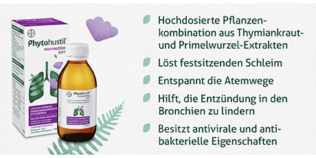 Produktabbildung und Vorteile: Hochdosierte Pflanzenkombination, löst Schleim, entspannt Atemwege, lindert Entzündungen, antiviral.