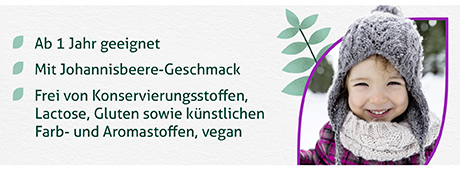 Kind im Schnee. Text: Ab 1 Jahr geeignet, mit Johannisbeer-Geschmack, ohne Konservierungsstoffe, Laktose, Gluten, künstliche Aromen.