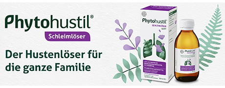 Phytohustil® Schleimlöser Saft, Flasche und Verpackung. Text: Der Hustenlöser für die ganze Familie.