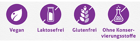 Logos: Vegan, laktosefrei, glutenfrei, ohne Konservierungsstoffe.