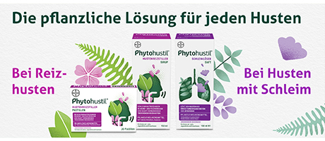 Produktabbildungen: Hustenpastillen, Hustensirup, Hustensaft. Text: Die pflanzliche Lösung für jeden Husten.