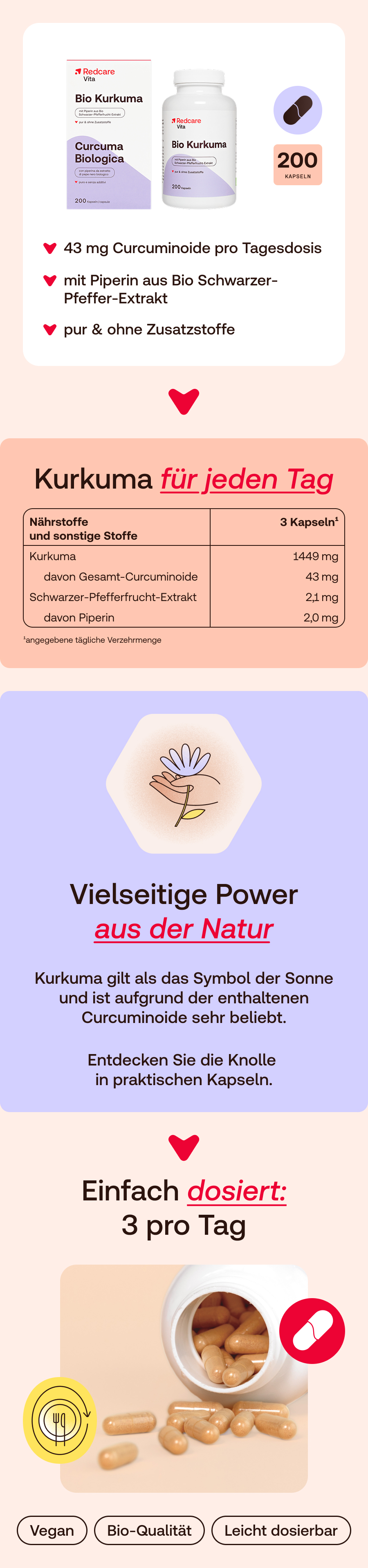 Redcare Bio Kurkuma: 200 Kapseln, 43mg Curcuminoide, mit Piperin aus Bio-Pfeffer-Extrakt.