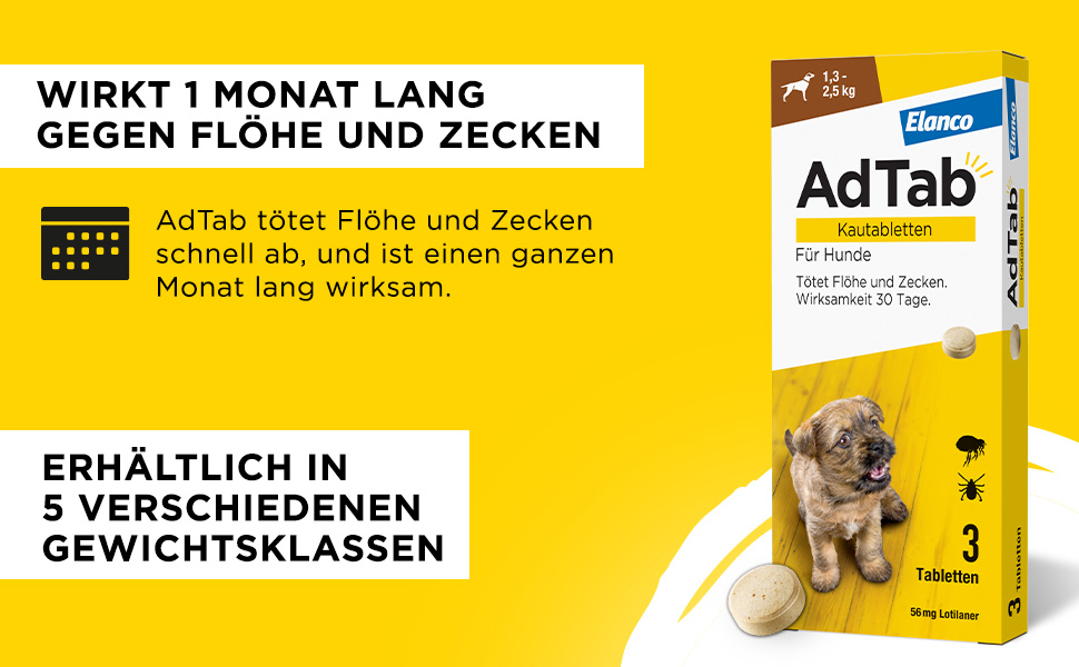 Wirkt 1 Monat lang gegen Flöhe und Zecken. AdTab Kautabletten. 5 Gewichtsklassen.