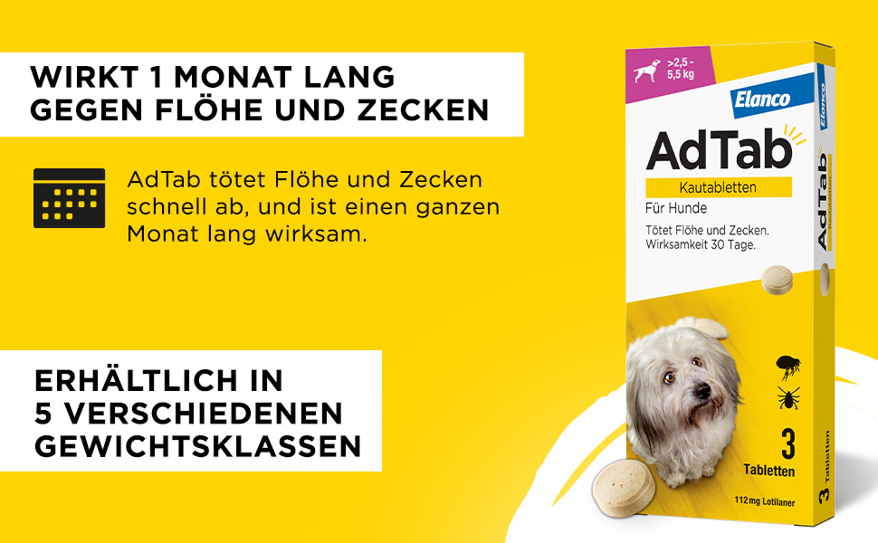 Gelber Hintergrund mit Text und AdTab-Verpackung. Wirkt 1 Monat lang gegen Flöhe und Zecken. Erhältlich in 5 Gewichtsklassen.