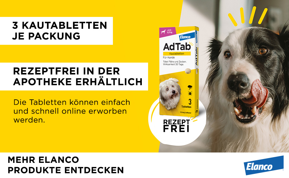 Gelber Hintergrund mit Text und Hund. 3 Kautabletten je Packung. Rezeptfrei in der Apotheke erhältlich.