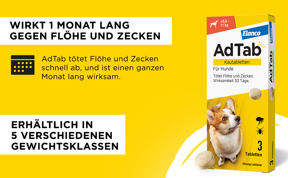 Gelber Hintergrund mit Text und AdTab-Verpackung. Wirkt 1 Monat lang gegen Flöhe und Zecken. Hund.