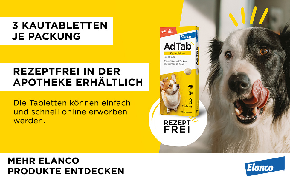 Gelber Hintergrund mit Text und AdTab-Verpackung. 3 Kautabletten je Packung. Rezeptfrei erhältlich. Hund.