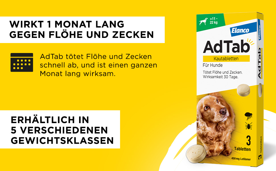 Gelber Hintergrund mit Text und AdTab-Verpackung. Wirkt 1 Monat lang gegen Flöhe und Zecken. Erhältlich in 5 Gewichtsklassen.