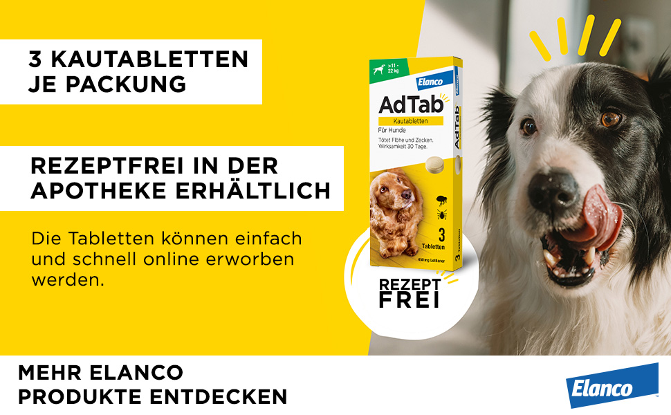 Gelber Hintergrund mit Text, Hund und AdTab-Verpackung. 3 Kautabletten je Packung. Rezeptfrei in der Apotheke erhältlich.