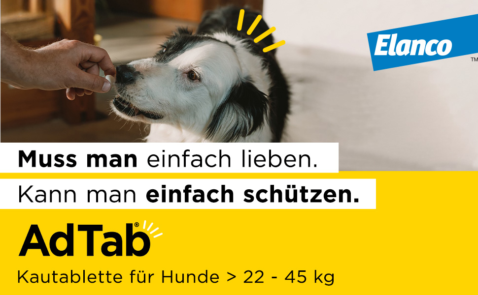 Hund bekommt Tablette. Text: Muss man einfach lieben. Kann man einfach schützen. AdTab Kautablette.