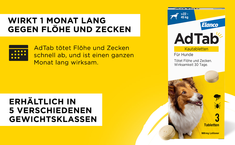 Gelber Hintergrund mit Text: Wirkt 1 Monat lang gegen Flöhe und Zecken. Erhältlich in 5 Gewichtsklassen.