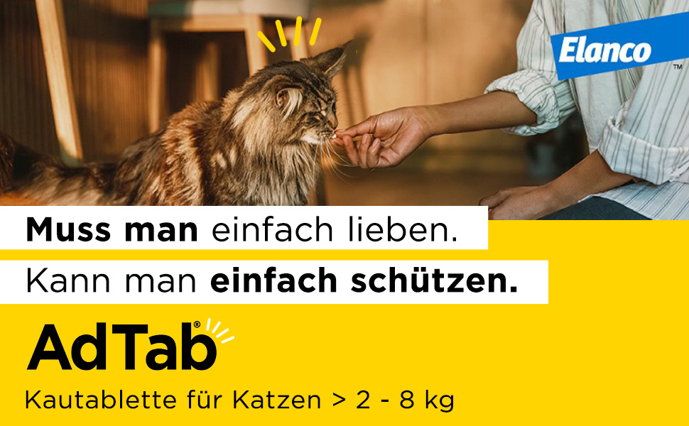 Katze bekommt Tablette. Text: Muss man einfach lieben. Kann man einfach schützen. AdTab.