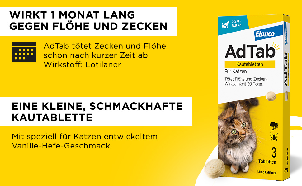AdTab Kautabletten für Katzen. Text: Wirkt 1 Monat gegen Flöhe und Zecken. Kleine, schmackhafte Kautablette.
