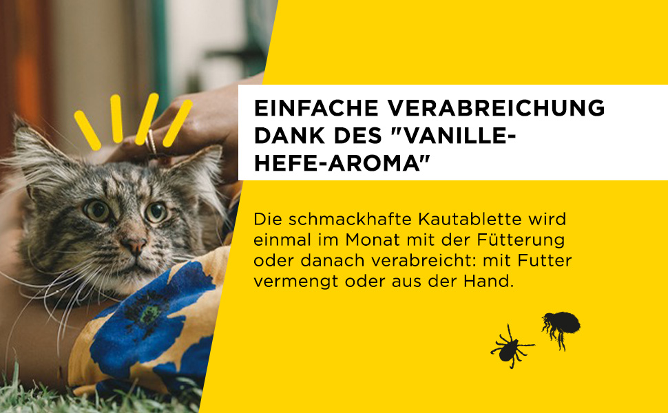 Katze wird gestreichelt. Text: Einfache Verabreichung dank Vanille-Hefe-Aroma. Monatliche Gabe.