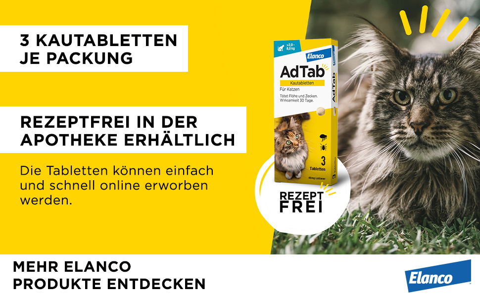 AdTab Kautabletten für Katzen. Text: 3 Tabletten pro Packung. Rezeptfrei in der Apotheke erhältlich.