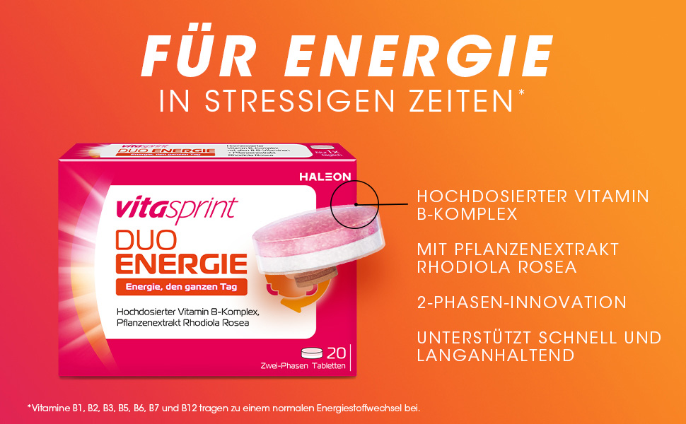 Vitasprint Duo Energie Tablettenpackung. Enthält Vitamin B-Komplex und Rhodiola Rosea. 20 Tabletten.