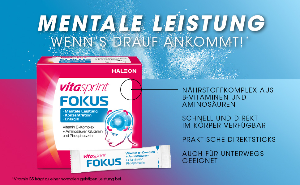 Vitasprint Fokus Packung und Direktstick. Text: Mentale Leistung, wenn's drauf ankommt! Nährstoffkomplex aus B-Vitaminen.