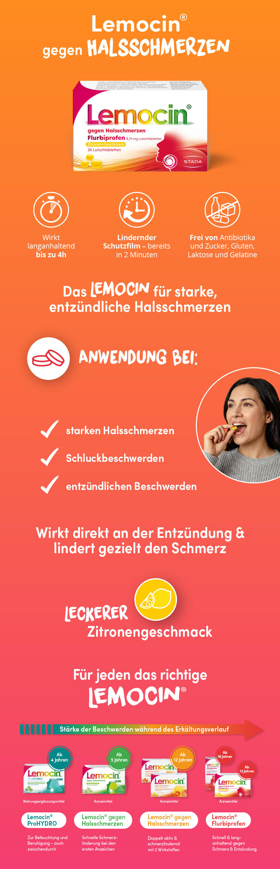 Lemocin gegen Halsschmerzen: Linderung bei starken Schmerzen, Schluckbeschwerden, Entzündungen.