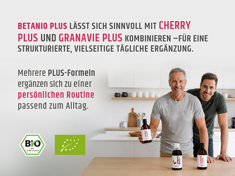 Flasche Betanio PLUS. Aufschrift: Betanio PLUS, mit 3-fach Synergismus-Komplex, BIO-Siegel.