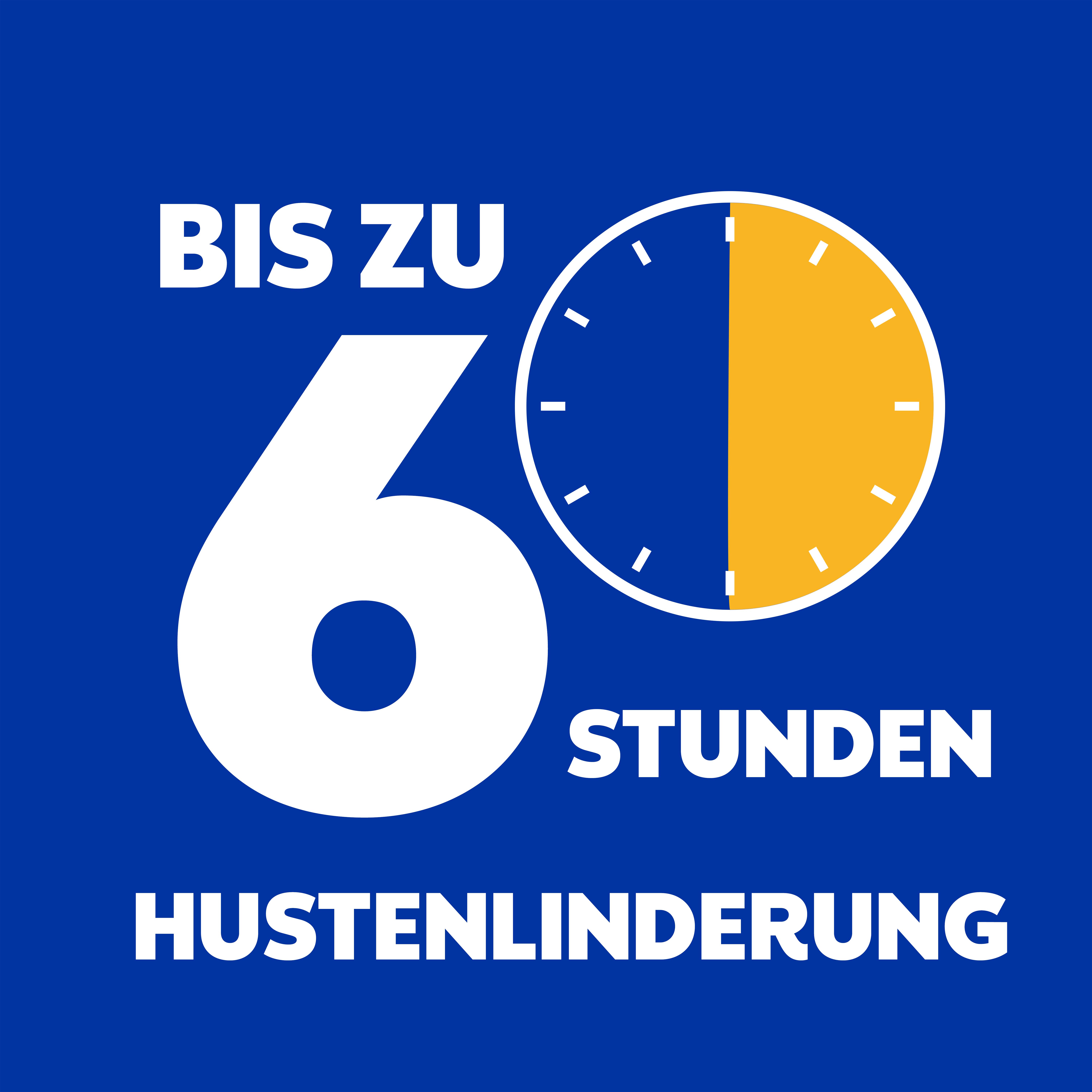 Uhr mit Zifferblatt. Text: Bis zu 60 Stunden Husten-Linderung.