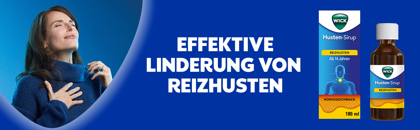 Frau mit geschlossenen Augen und Hand auf der Brust. Husten-Sirup-Flasche und Verpackung.