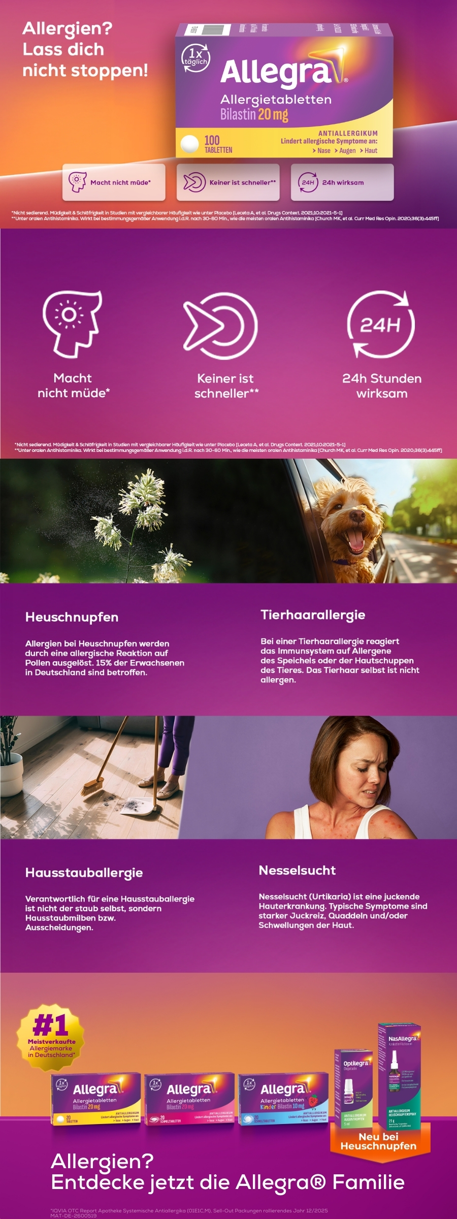 Collage mit Allegra Produkten und Informationen. Text: Allergien? Lass dich nicht stoppen!