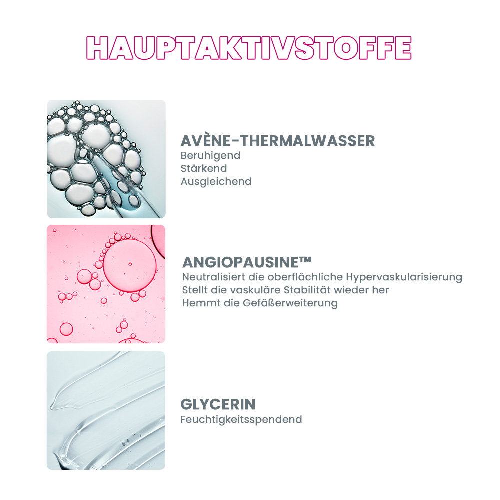 Hauptaktivstoffe: Avène-Thermalwasser, beruhigend, stärkend, ausgleichend. Angiopausine, Glycerin.