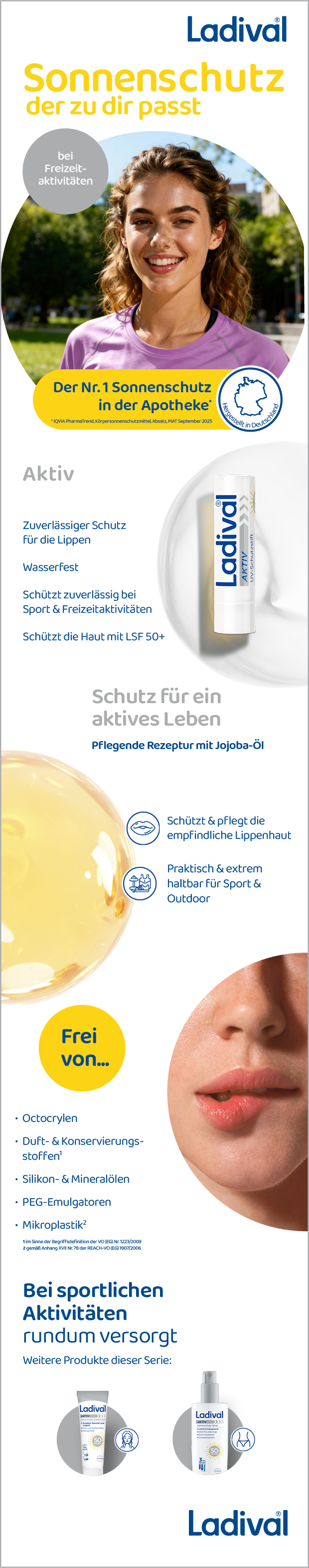 Collage mit Produkten der Serie. Enthält Lippenpflegestift, Sonnenschutzcreme und Sonnenschutzspray. Text: Sonnenschutz, der zu dir passt.